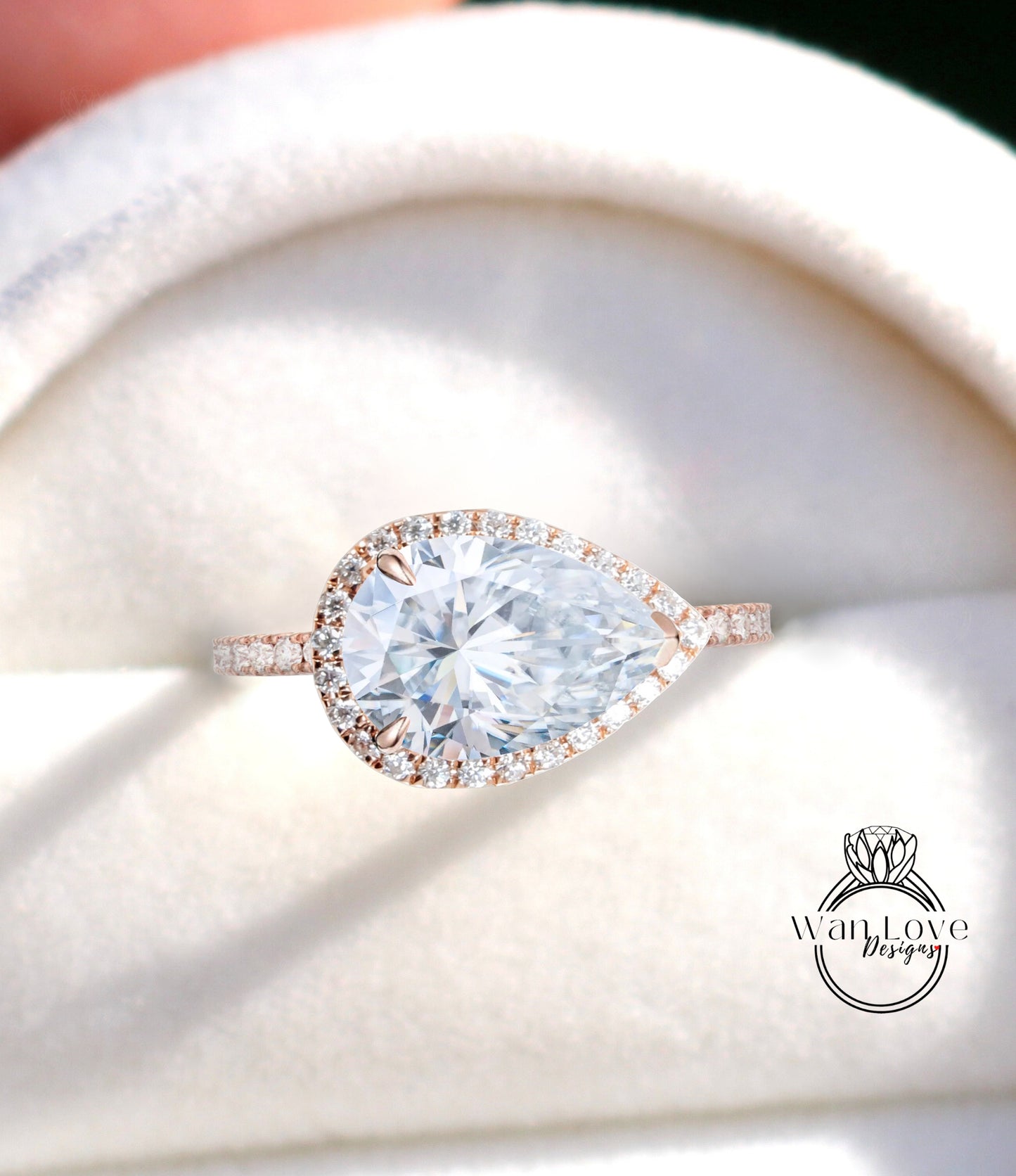 White Sapphire & Diamond East West Pear Halo Engagement Ring 14k 18k White Yellow Rose gold-Platinum-Custom-Wedding-Anniversary Gift