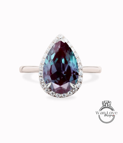 Anello di fidanzamento con pera di diamanti Alexandrite Halo, gambo semplice, oro rosa giallo bianco personalizzato 14k, platino, regalo di anniversario, WanLoveDesigns