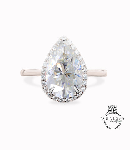 Anello di fidanzamento Moissanite a forma di pera vintage Unico anello di fidanzamento con fascia affusolata con diamanti e alone di nozze in oro bianco Regalo nuziale per le donne