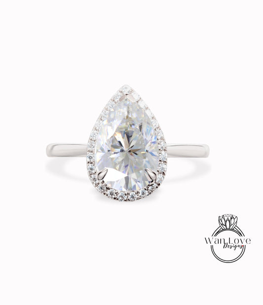 Vintage Pear shaped Moissanite Engagement Ring, Pear Cut 14k White Gold Diamond Halo Ring, Wedding Ring Plain band Anniversary Ring Proposal Ring