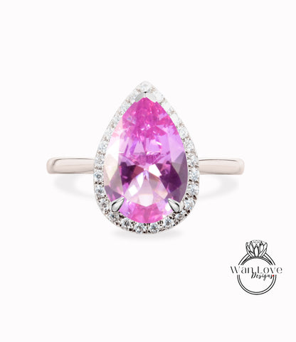 Anello di fidanzamento Halo con diamante zaffiro rosa, pera, fascia con gambo semplice, 14k bianco giallo oro rosa-platino-anniversario di matrimonio personalizzato