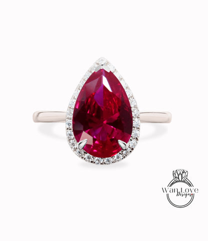 Pear shaped Ruby engagement ring vintage Unique tapered band diamond halo engagement ring white gold wedding Bridal gift for women