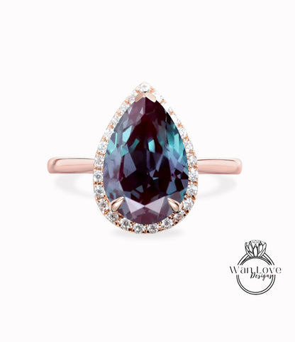 Anello di fidanzamento con pera di diamanti Alexandrite Halo, gambo semplice, oro rosa giallo bianco personalizzato 14k, platino, regalo di anniversario, WanLoveDesigns