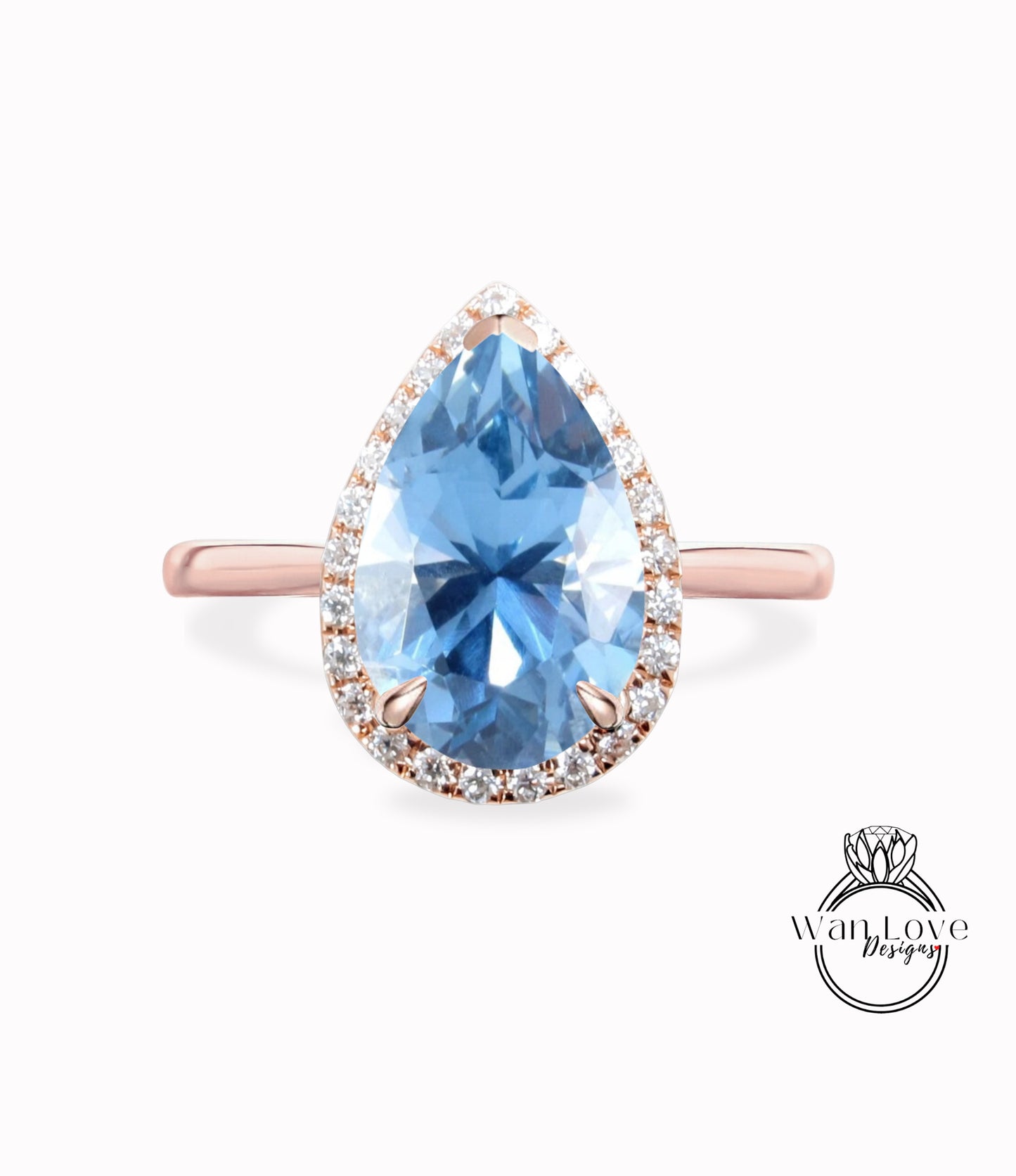 Anello di fidanzamento con spinello blu acquamarina e diamante pera Halo, gambo semplice, personalizzato-14k 18k bianco giallo oro rosa-platino, platino