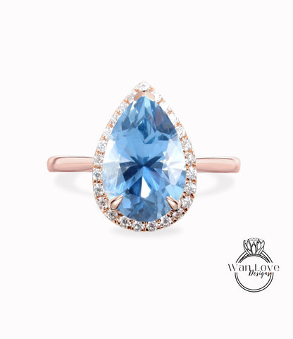 Anello di fidanzamento con spinello blu acquamarina e diamante pera Halo, gambo semplice, personalizzato-14k 18k bianco giallo oro rosa-platino, platino