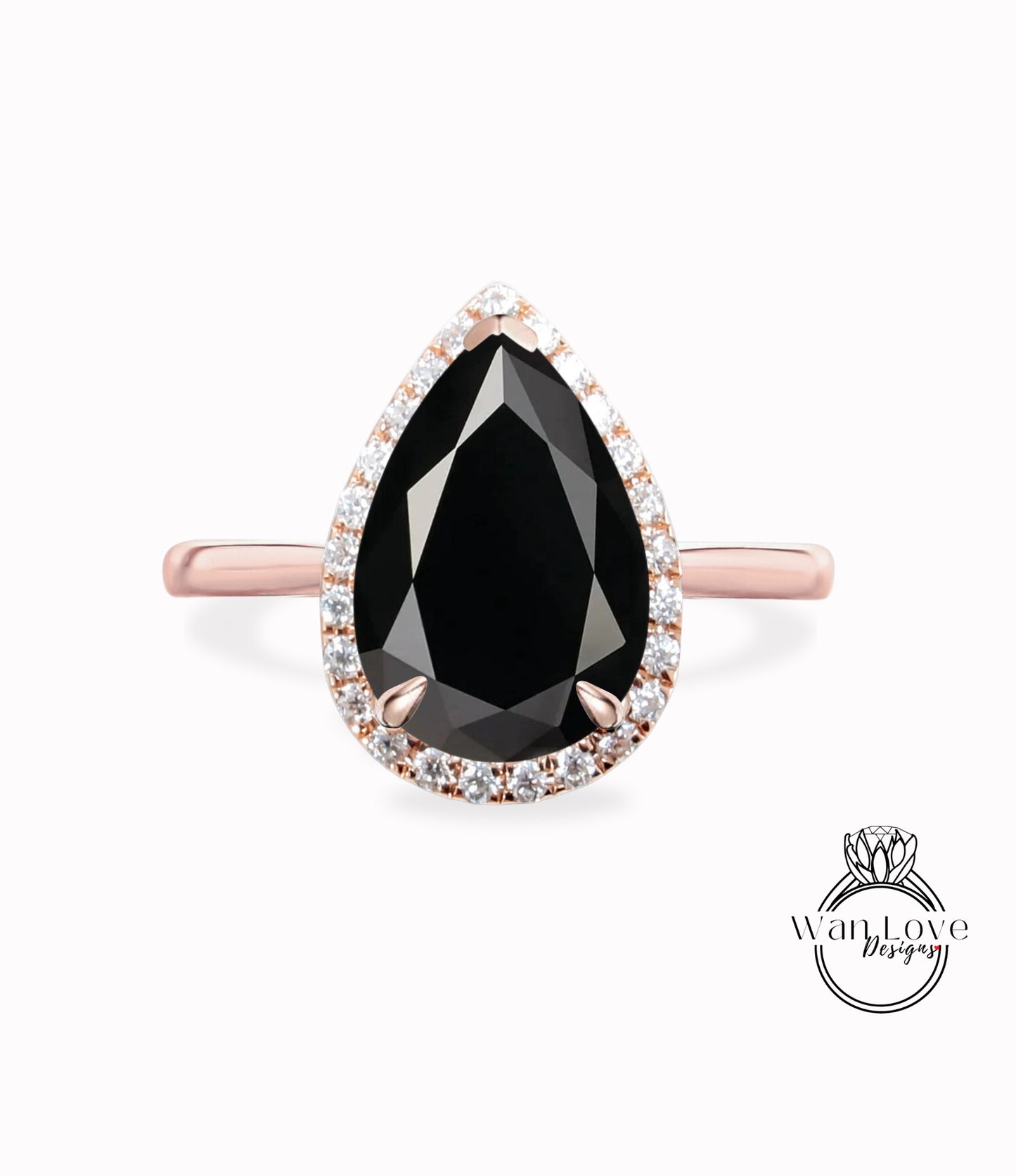 Anello di fidanzamento con spinello nero e diamante pera Halo, gambo semplice, personalizzato-14k 18k bianco giallo oro rosa-platino, WanLoveDesigns