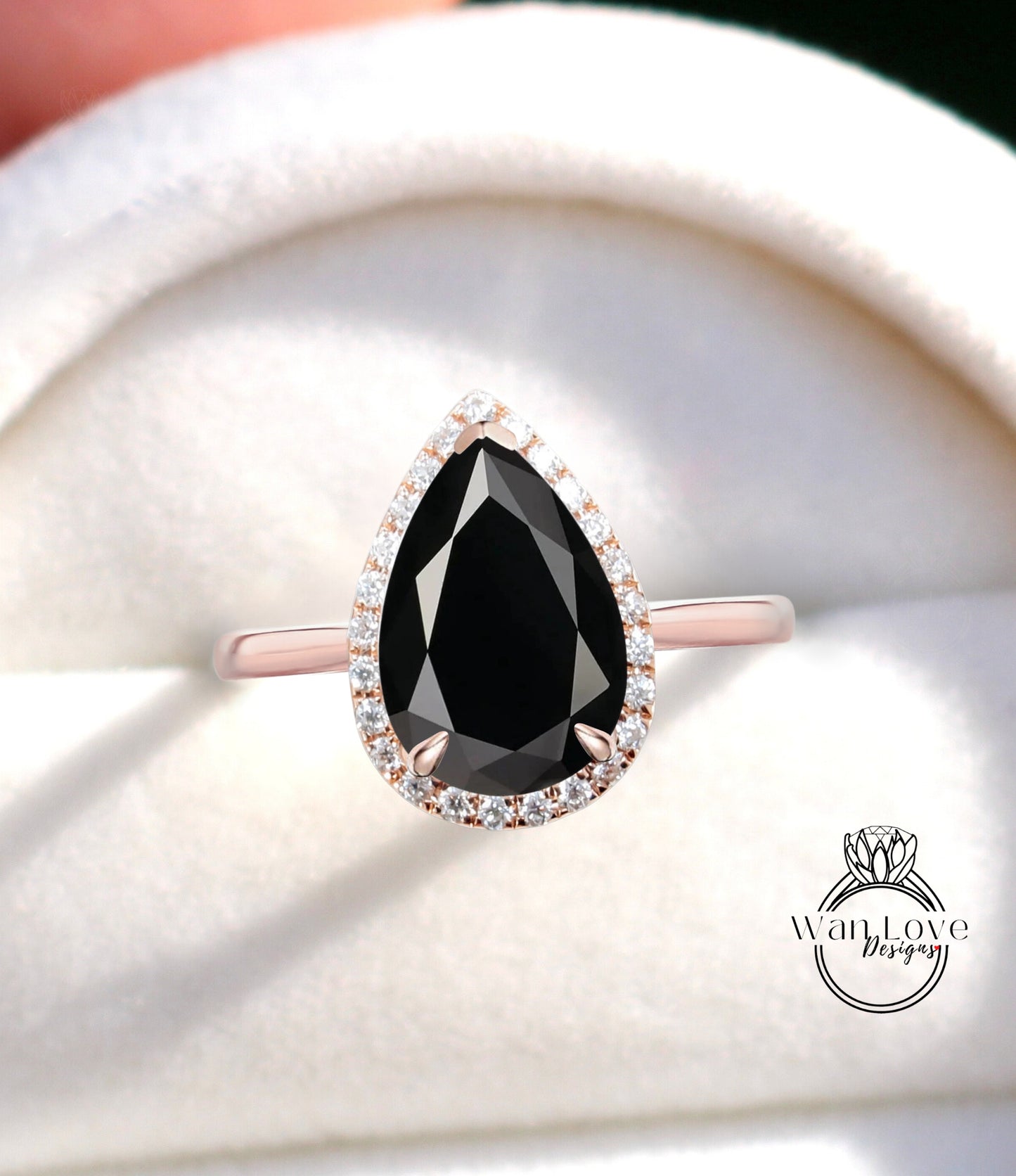 Anello di fidanzamento con spinello nero e diamante pera Halo, gambo semplice, personalizzato-14k 18k bianco giallo oro rosa-platino, WanLoveDesigns