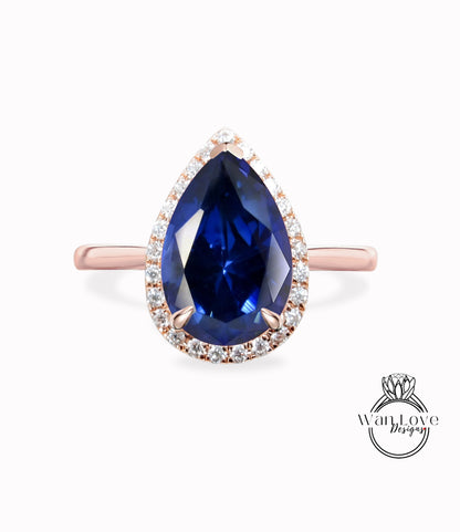 Anello di fidanzamento con zaffiro blu e pera di diamanti Halo, fascia con gambo semplice, personalizzato, oro bianco giallo rosa 14k 18k-platino, anniversario