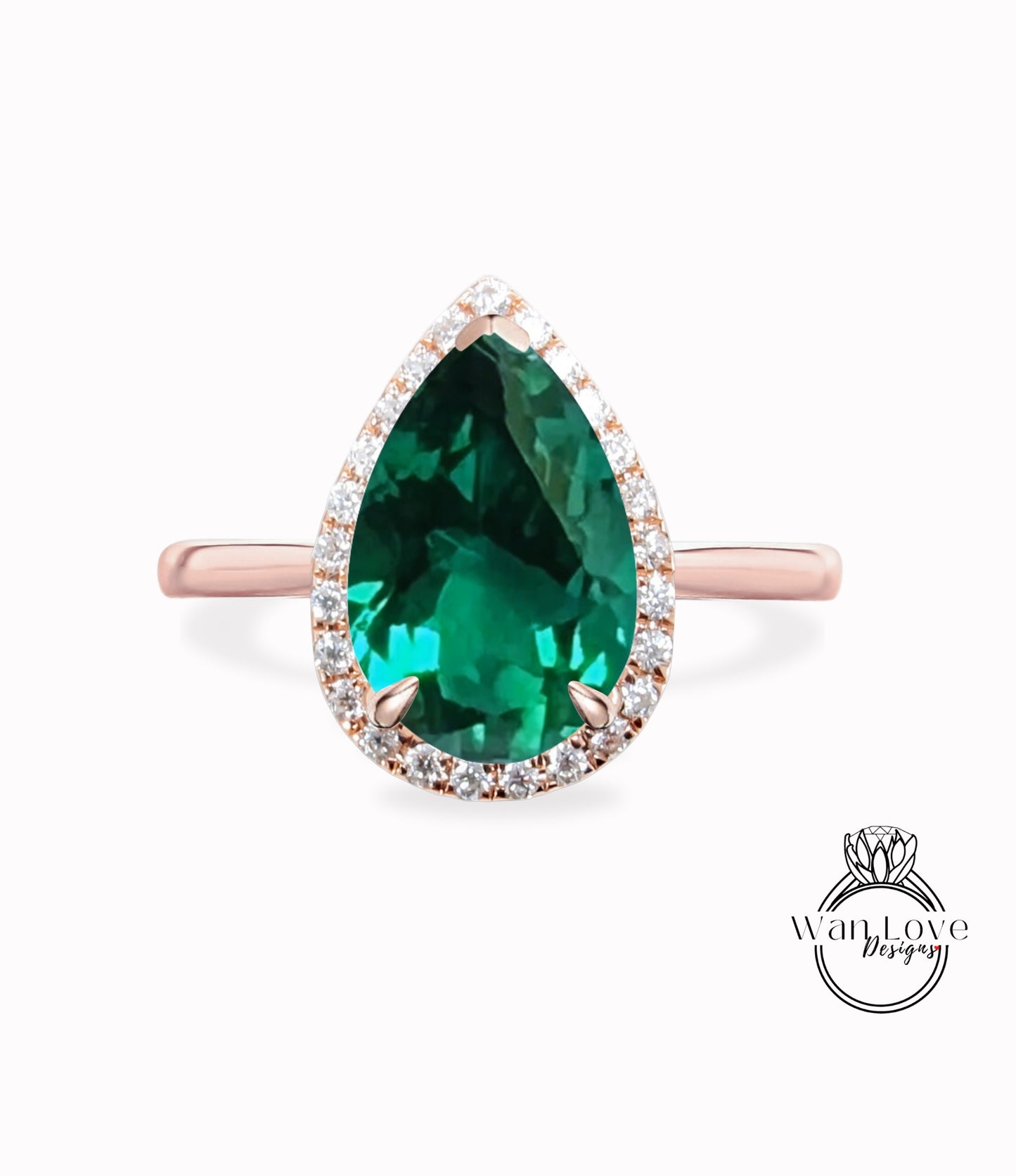 Emerald & Diamond Pear Halo Engagement Ring, Plain Shank, Custom, 14k 18k White Rose Yellow Gold, Platinum, Anniversary Gift, WanLoveDesigns