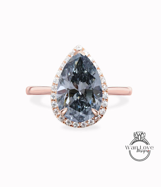 Anello di fidanzamento con moissanite grigia e diamante pera Halo, gambo liscio, personalizzato, oro 14kt 18kt, platino, regalo di anniversario, WanLoveDesigns