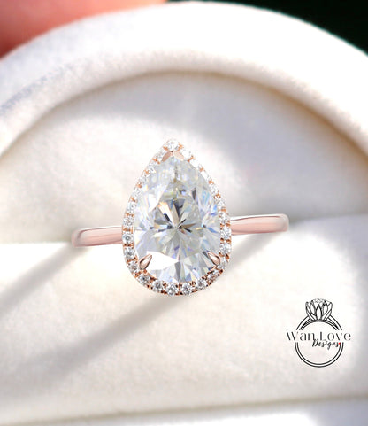 Vintage Pear shaped Moissanite Engagement Ring, Pear Cut 14k White Gold Diamond Halo Ring, Wedding Ring Plain band Anniversary Ring Proposal Ring