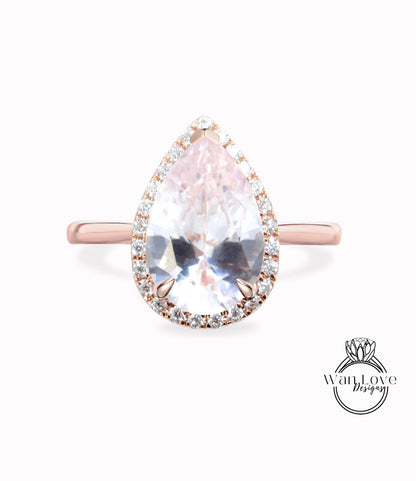 Anello di fidanzamento con zaffiro rosa chiaro e diamante pera Halo, gambo liscio, personalizzato, oro rosa bianco 14k 18k, platino, WanLoveDesigns