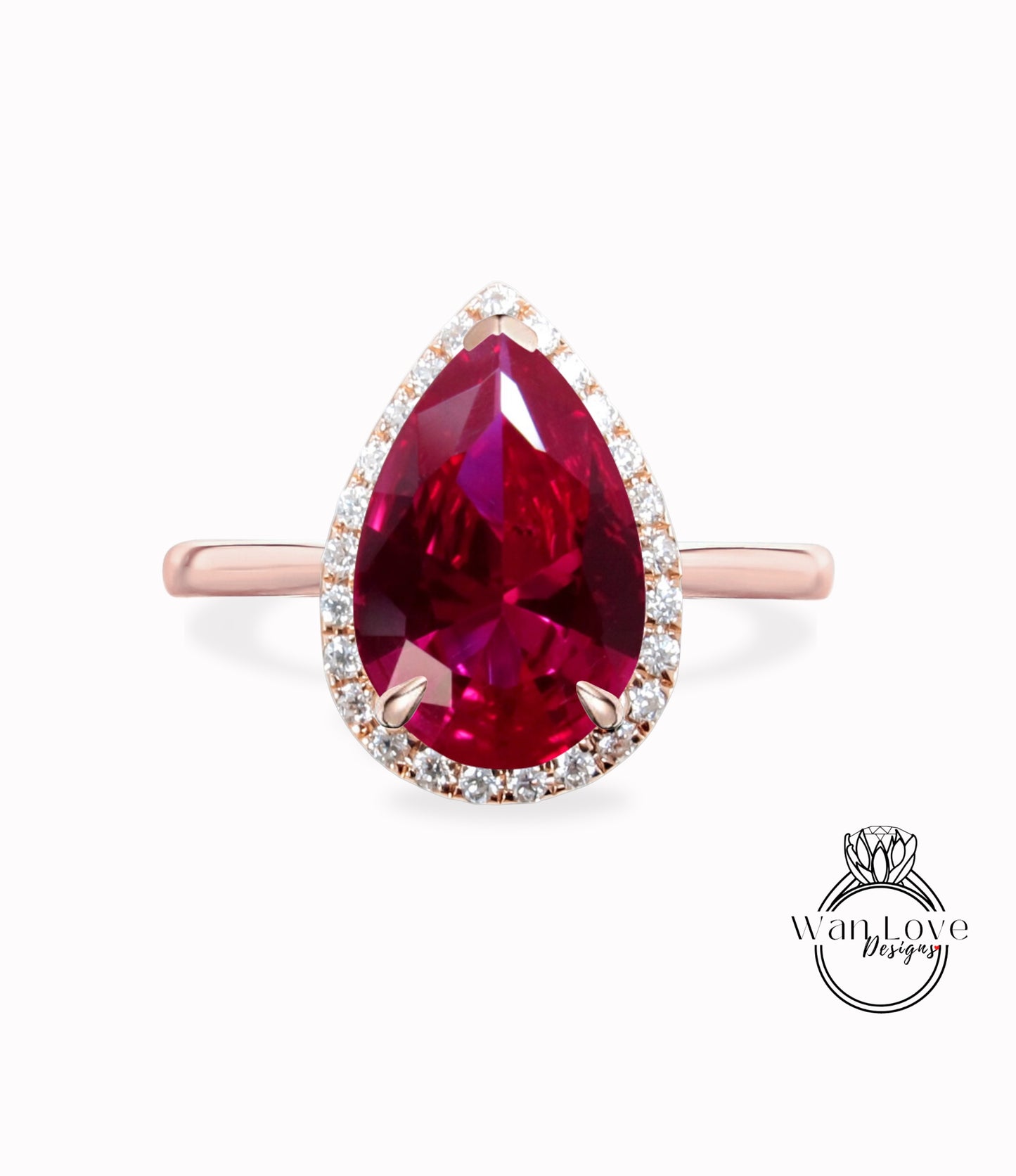 Pear shaped Ruby engagement ring vintage Unique tapered band diamond halo engagement ring white gold wedding Bridal gift for women