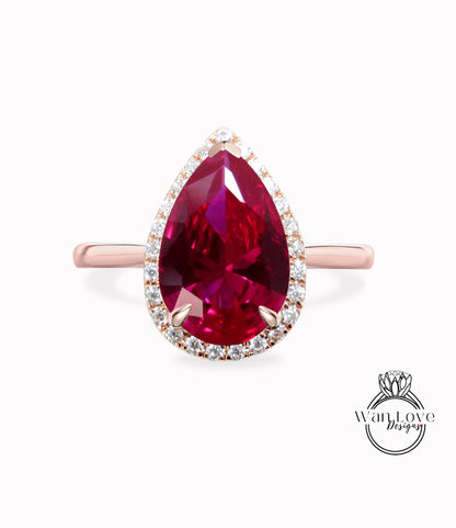Pear shaped Ruby engagement ring vintage Unique tapered band diamond halo engagement ring white gold wedding Bridal gift for women