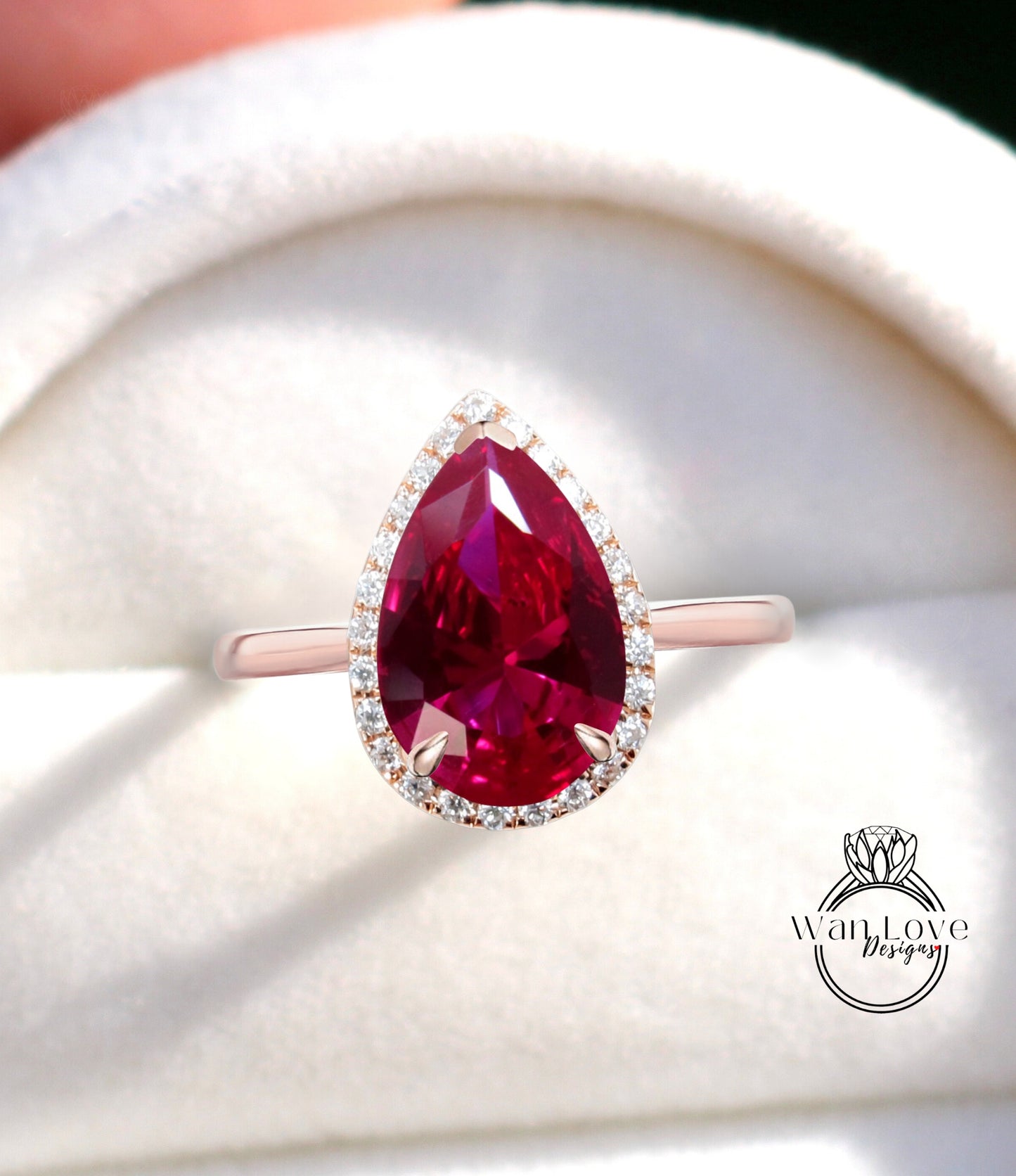 Pear shaped Ruby engagement ring vintage Unique tapered band diamond halo engagement ring white gold wedding Bridal gift for women
