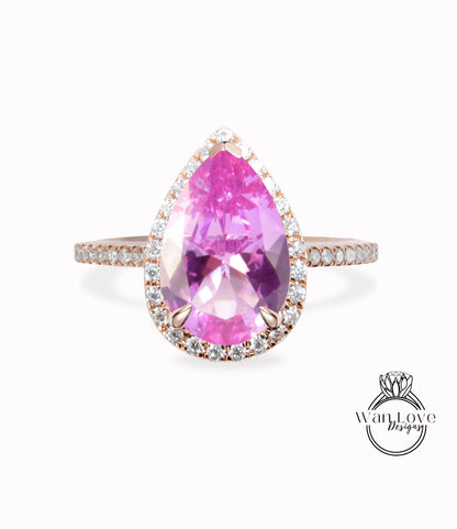 Anello di fidanzamento con zaffiro rosa a forma di pera vintage, anello con alone di diamanti in oro rosa 14k con taglio a pera, anello di proposta di anello di anniversario di fede nuziale.