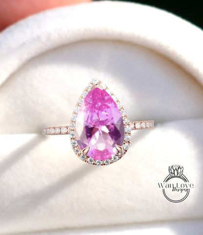 Anello di fidanzamento con zaffiro rosa a forma di pera vintage, anello con alone di diamanti in oro rosa 14k con taglio a pera, anello di proposta di anello di anniversario di fede nuziale.