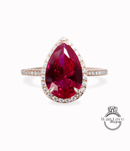 Vintage Pear shaped Ruby Engagement Ring, Pear Cut Unique 14k Rose Gold Diamond Halo Ring, Wedding Ring Anniversary Ring Proposal Ring.