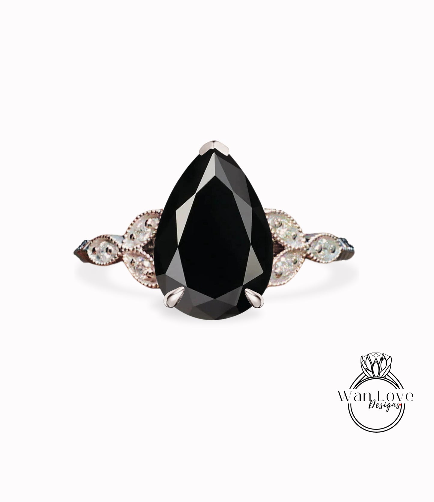 Black Spinel & Diamond Pear Leaf Antique Cluster Engagement Ring Engraved Milgrain or Smooth 14kt 18kt Gold Platinum Custom Wedding