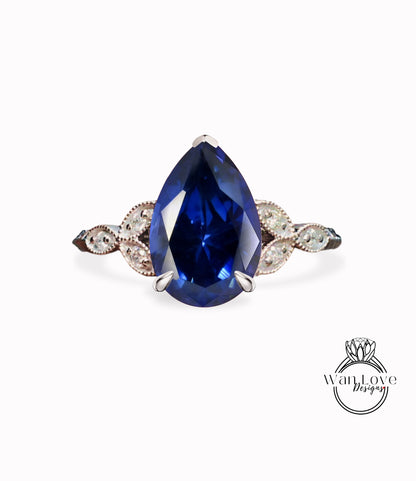 Blue Sapphire & Diamond Pear Leaf Antique Cluster Engagement Ring Engraved Milgrain Smooth 14kt 18kt Gold Platinum Custom Wedding