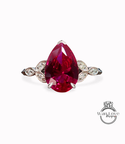 Ruby & Diamond Pear Leaf Antique Cluster Engagement Ring Engraved Milgrain or Smooth 14kt 18kt Gold Platinum Custom Wedding