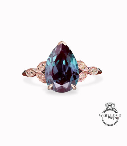 Alexandrite Diamond Pear Leaf Antique Cluster Engagement Ring Engraved Milgrain or Smooth 14kt 18kt Gold Platinum Custom Wedding