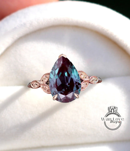 Alexandrite Diamond Pear Leaf Antique Cluster Engagement Ring Engraved Milgrain or Smooth 14kt 18kt Gold Platinum Custom Wedding