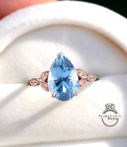 Aquamarine Blue Spinel & Diamond Pear Leaf Antique Cluster Engagement Ring Engraved Milgrain o Smooth 14kt 18kt Gold Platinum Custom Wedding