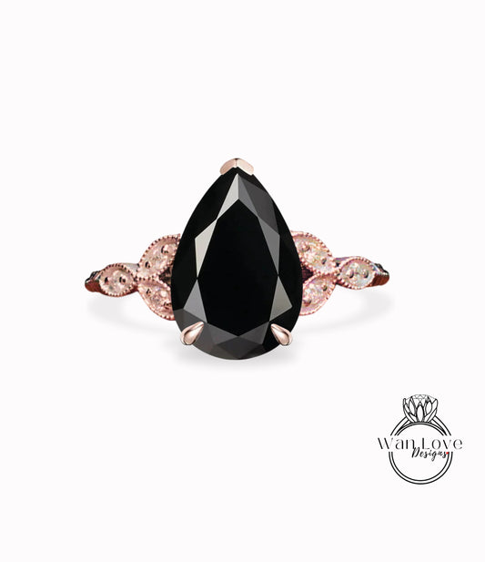 Black Spinel & Diamond Pear Leaf Antique Cluster Engagement Ring Engraved Milgrain or Smooth 14kt 18kt Gold Platinum Custom Wedding