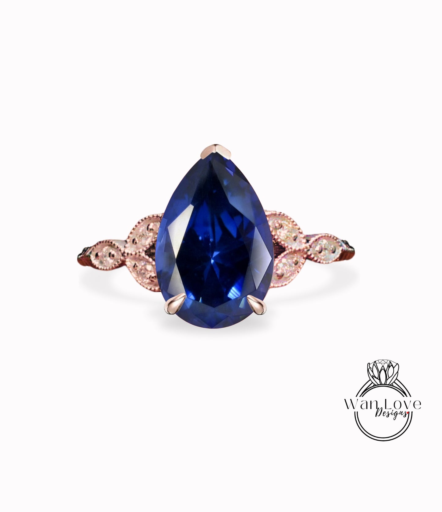 Blue Sapphire & Diamond Pear Leaf Antique Cluster Engagement Ring Engraved Milgrain Smooth 14kt 18kt Gold Platinum Custom Wedding