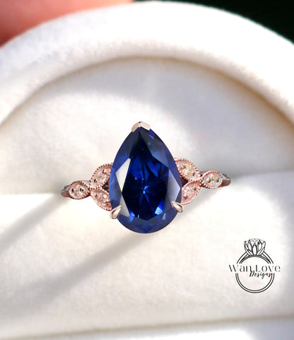 Blue Sapphire & Diamond Pear Leaf Antique Cluster Engagement Ring Engraved Milgrain Smooth 14kt 18kt Gold Platinum Custom Wedding