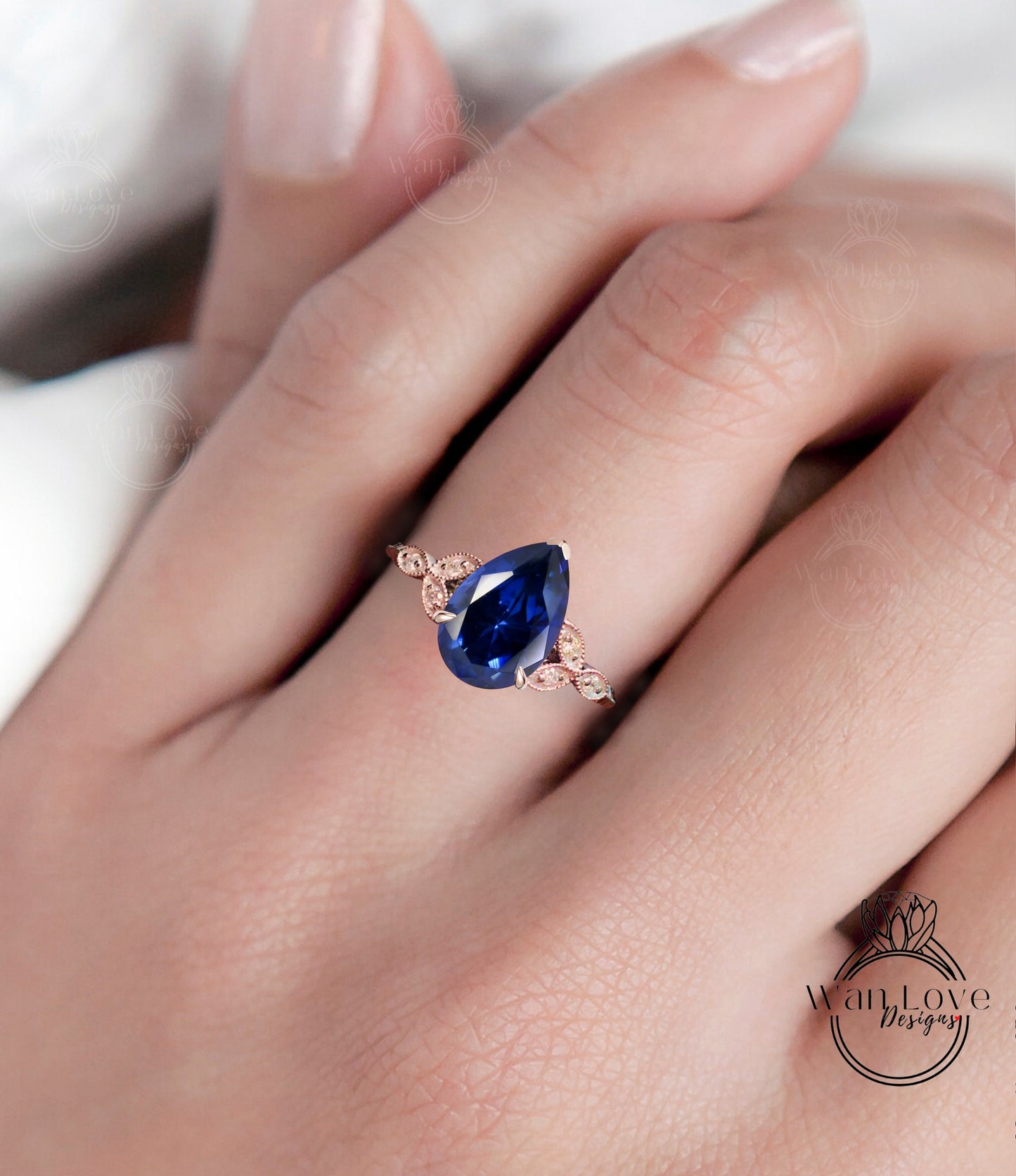 Anello di fidanzamento a grappolo antico con foglia di pera e zaffiro blu con incisione Milgrain liscia in oro 14kt 18kt, platino, matrimonio personalizzato