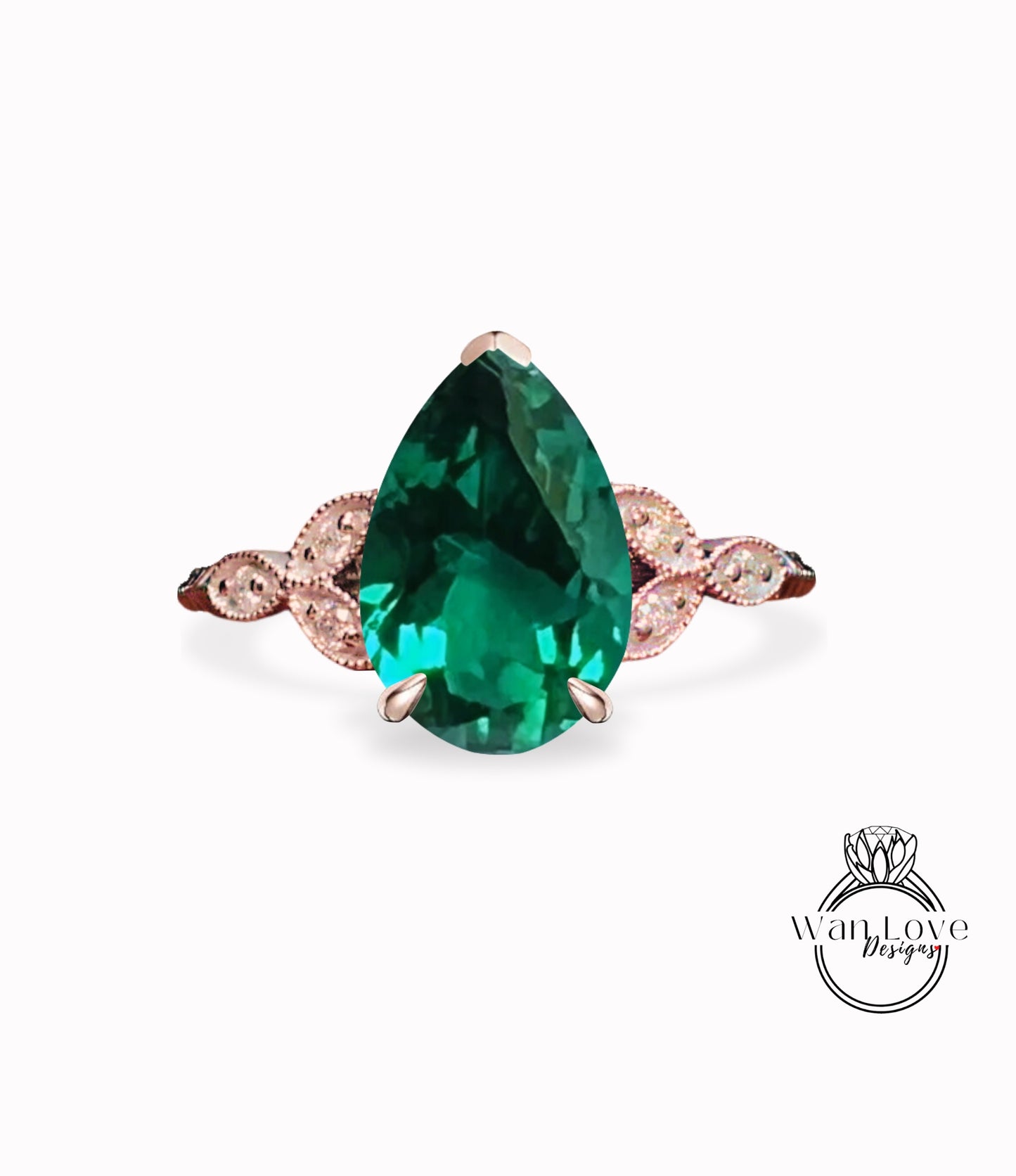 Emerald & Diamond Pear Leaf Antique Cluster Engagement Ring Engraved Milgrain or Smooth 14kt 18kt Gold Platinum Custom Wedding Anniversary