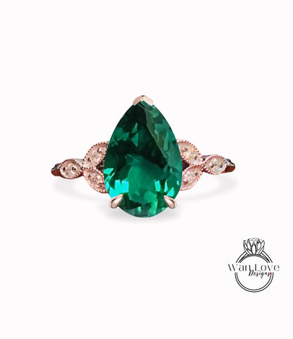 Emerald & Diamond Pear Leaf Antique Cluster Engagement Ring Engraved Milgrain or Smooth 14kt 18kt Gold Platinum Custom Wedding Anniversary