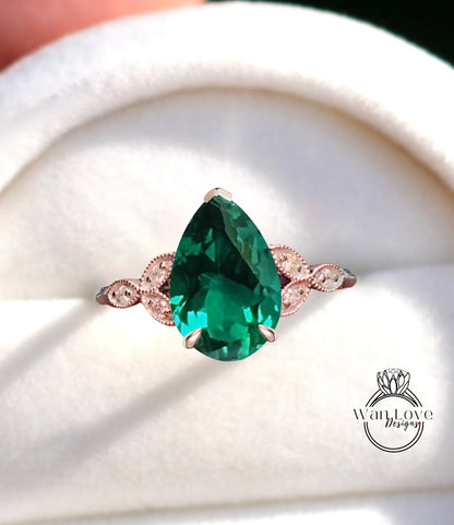 Emerald & Diamond Pear Leaf Antique Cluster Engagement Ring Engraved Milgrain or Smooth 14kt 18kt Gold Platinum Custom Wedding Anniversary