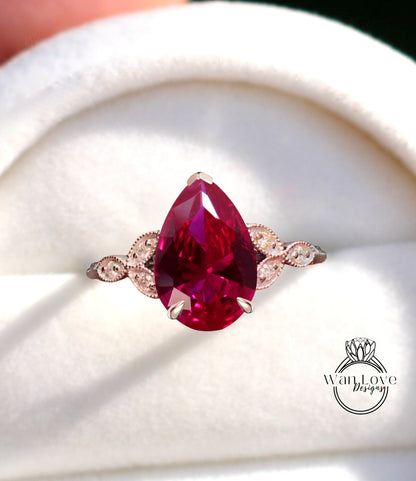 Ruby & Diamond Pear Leaf Antique Cluster Engagement Ring Engraved Milgrain or Smooth 14kt 18kt Gold Platinum Custom Wedding