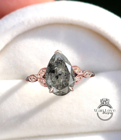 Anello di fidanzamento a grappolo antico con foglia floreale pera diamante sale pepe diamante inciso Milgrain o liscio 14kt oro 18kt platino matrimonio personalizzato