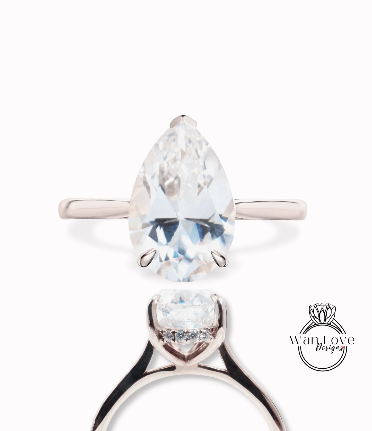 Anello di fidanzamento con gambo semplice con zaffiro bianco e diamante, pera laterale, cesto della cattedrale, personalizzato, oro 18kt 14kt, platino, WanLoveDesigns