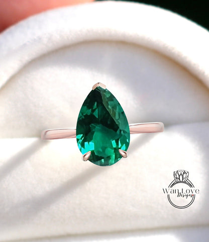 Pear Emerald Engagement Ring Antique White Gold Side Halo Diamond dainty Ring Art Deco Delicate Wedding Bridal Ring Anniversary Promise Ring