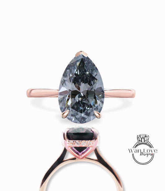 Gray Moissanite & Diamond Pear Side Halo Engagement Ring, Drop Cut, Custom,14k 18k White Yellow Rose Gold,Platinum,Wedding,WanLoveDesigns