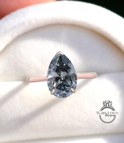 Anello di fidanzamento con moissanite grigia e diamante pera laterale Halo, taglio a goccia, personalizzato, 14k 18k bianco giallo oro rosa, platino, matrimonio, WanLoveDesigns