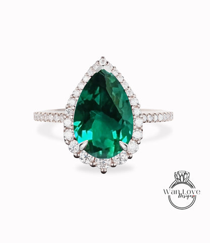 Antique Pear shaped Emerald engagement ring vintage Art deco Unique ring white gold Diamond halo wedding promise ring Anniversary ring