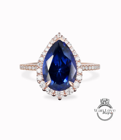 Antico anello di fidanzamento con zaffiro blu a forma di pera vintage Art deco Anello unico in oro bianco Anello di promessa di matrimonio con alone di diamanti Anello anniversario