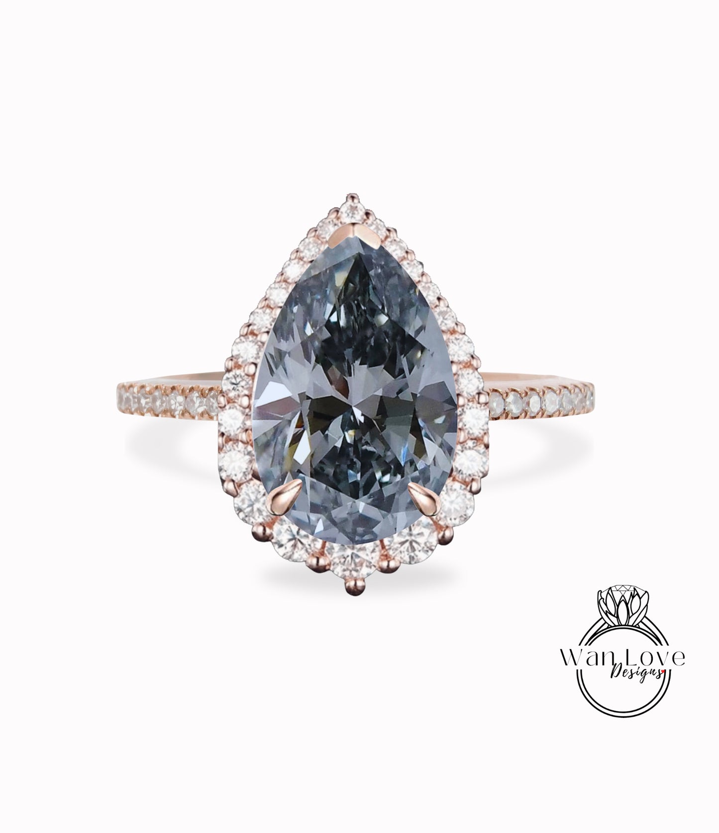 Antique Pear shaped Gray Moissanite engagement ring vintage Art deco Unique ring white gold Diamond halo wedding promise ring Anniversary ring