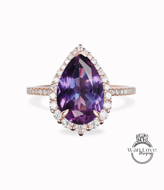 Antique Pear shaped Purple Sapphire Alexandrite Color engagement ring vintage Art deco Unique ring white gold Diamond halo wedding promise ring Anniversary ring