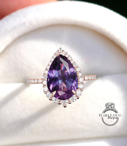 Anello di fidanzamento antico con zaffiro viola alessandrite colore a forma di pera vintage Art deco Anello unico in oro bianco Anello di promessa di matrimonio con alone di diamanti Anello anniversario