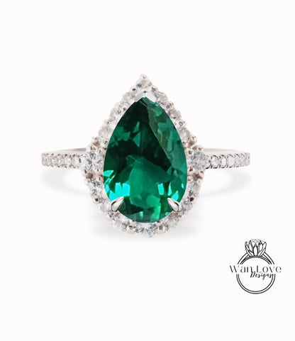 Emerald & Diamond Pear Graduated Halo Engagement Ring, 14k 18k White Yellow Rose Gold-Platinum-Custom-Wedding