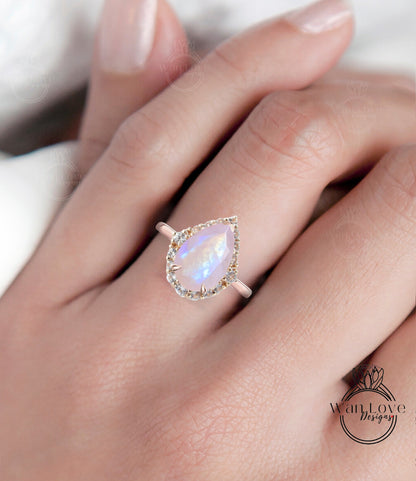 Anello di fidanzamento con pietra di luna e diamante graduato Halo Pera con gambo liscio personalizzato-14k 18k bianco giallo oro rosa-platino-matrimonio