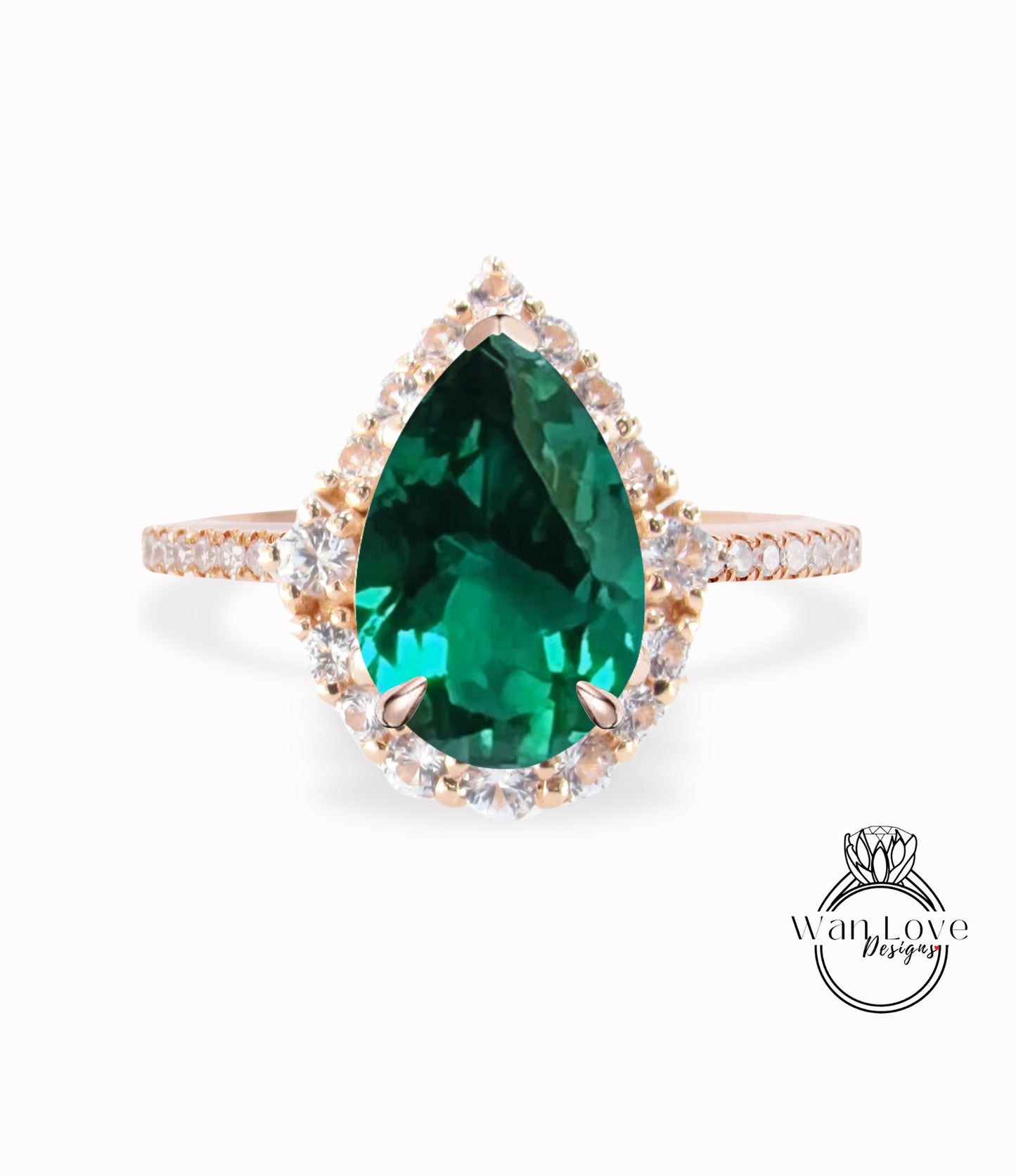 Emerald & Diamond Pear Graduated Halo Engagement Ring, 14k 18k White Yellow Rose Gold-Platinum-Custom-Wedding