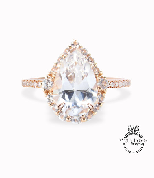 White Sapphire Diamond Pear Graduated Halo Engagement Ring, 14k 18k White Yellow Rose Gold-Platinum-Custom-Wedding